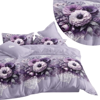 Pościel 200x220 bawełna satynowa fioletowe kwiaty - komplet PK813  z PRZEŚCIERADŁEM